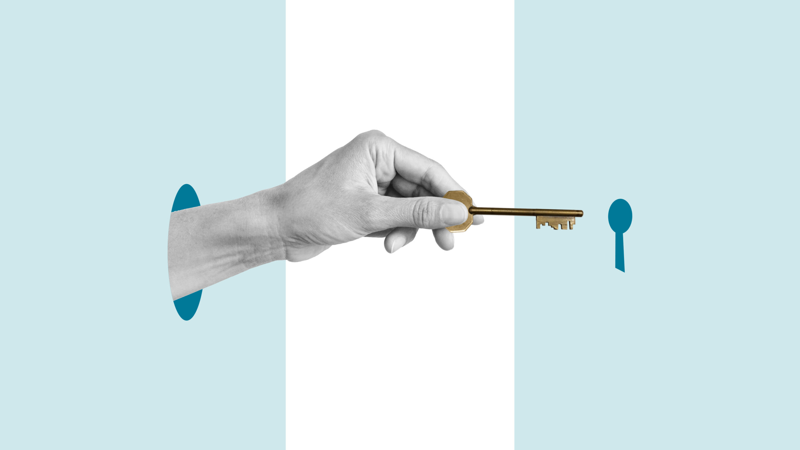 Collage with hand holding key to the hole. Secret to success. Find solution, get success or find key strategy. Abstract business concept to solve problem